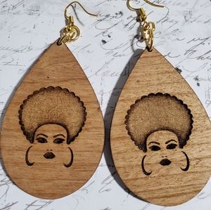 Wood Earrings Engraved with Black Woman and Afro